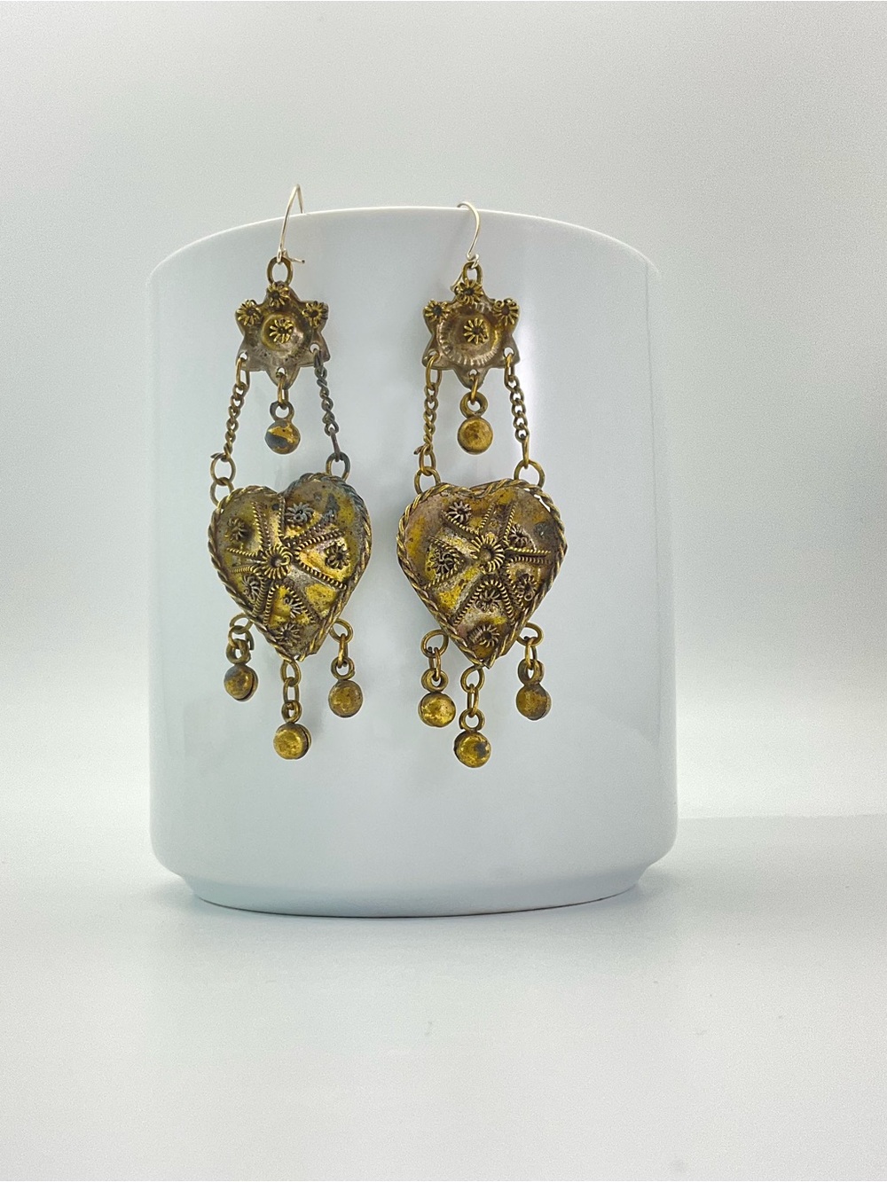 Vintage Heart & Star Chandelier Earrings, Brass, India, BoHo Festival - Picture 4 of 9